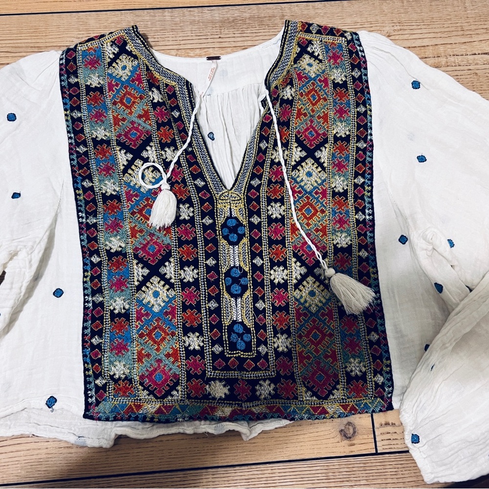 Free People Cream Blouse with Colorful Embroidery